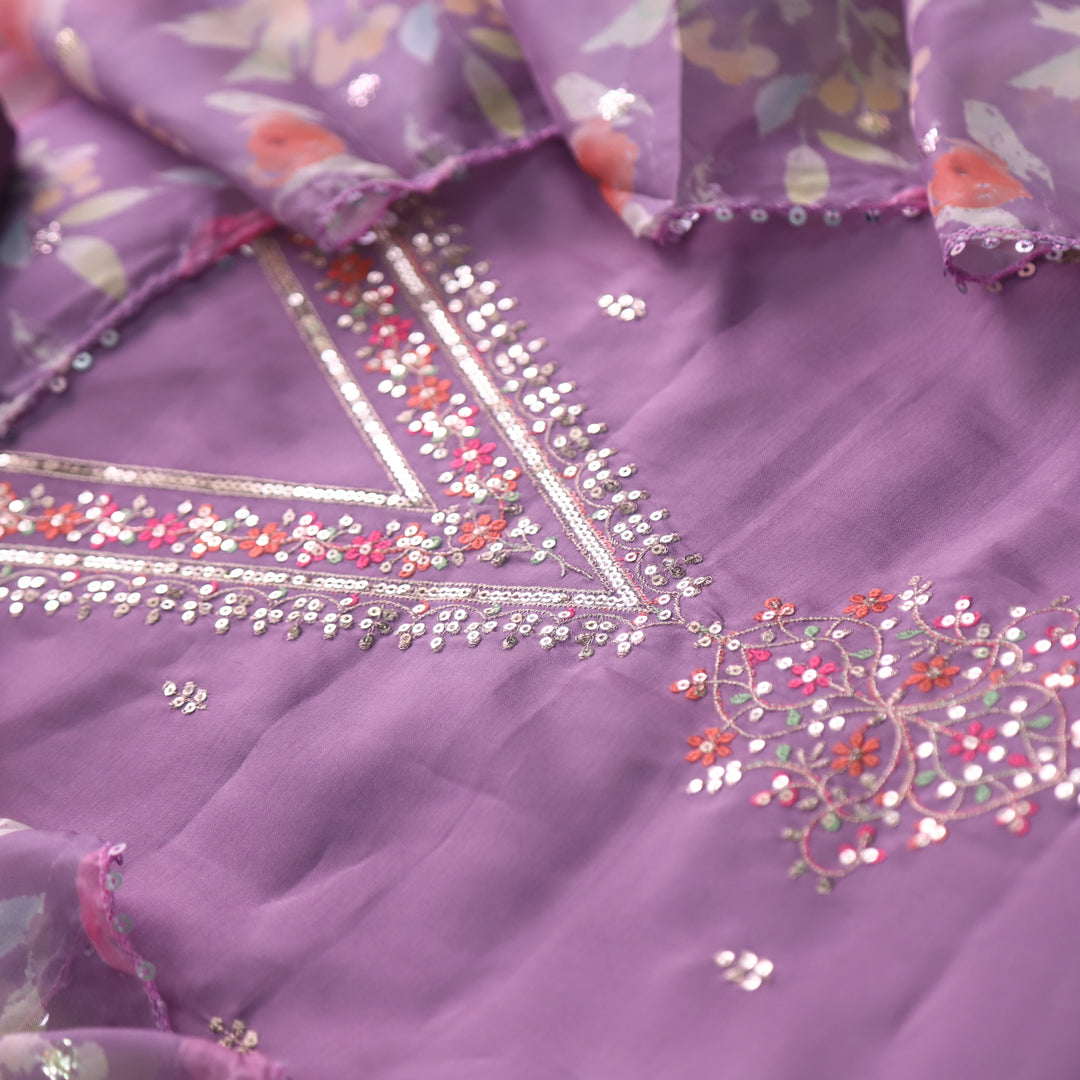 Ishaani Lavish Lavender Embellished V Neck Zari Work Modal Suit Set