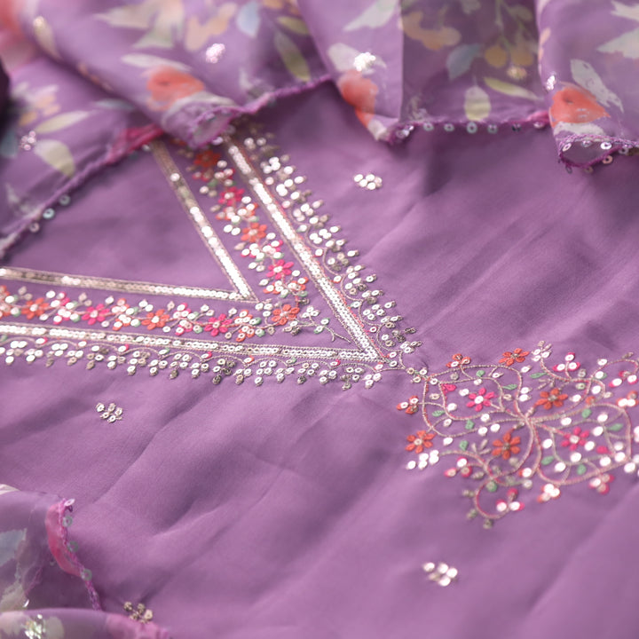 Ishaani Lavish Lavender Embellished V Neck Zari Work Modal Suit Set