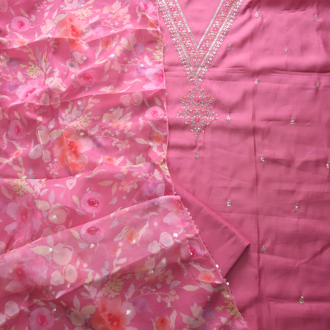 Ishaani Candy Pink Embellished V Neck Zari Work Modal Suit Set