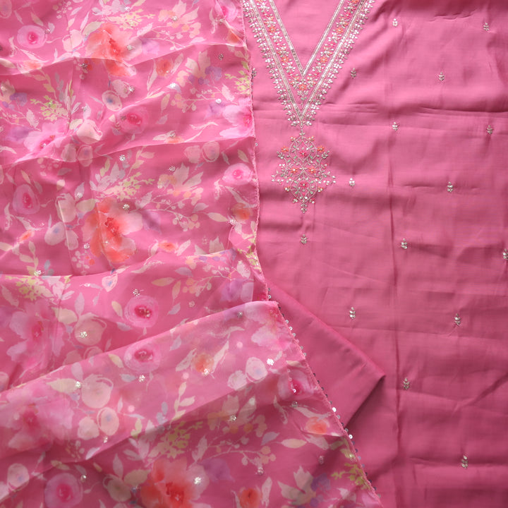 Ishaani Candy Pink Embellished V Neck Zari Work Modal Suit Set