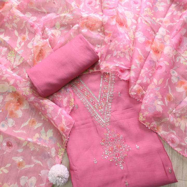 Ishaani Candy Pink Embellished V Neck Zari Work Modal Suit Set
