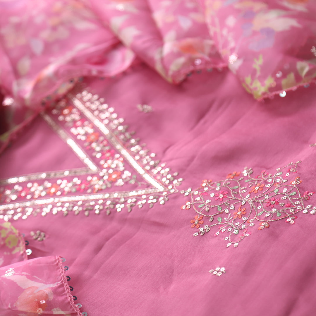 Ishaani Candy Pink Embellished V Neck Zari Work Modal Suit Set
