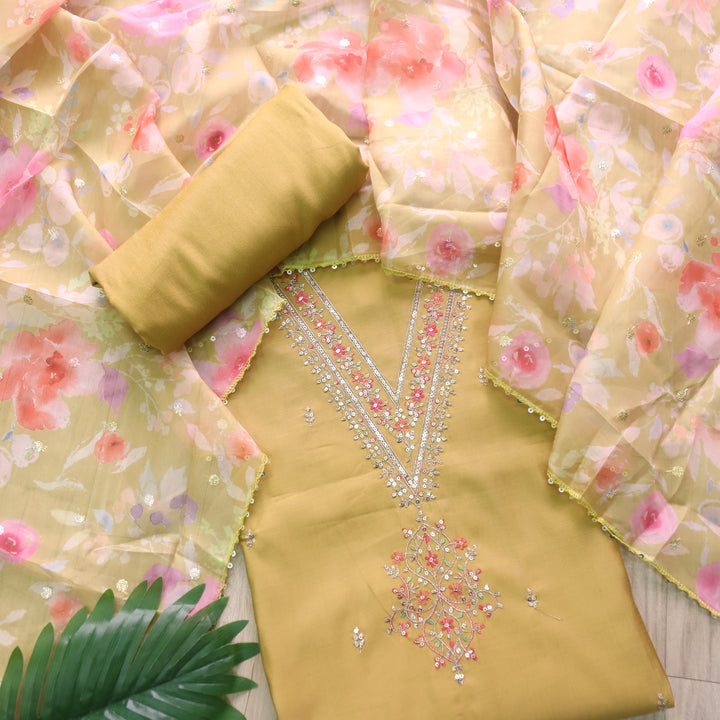 Ishaani Peanut Yellow Embellished V Neck Zari Work Modal Suit Set