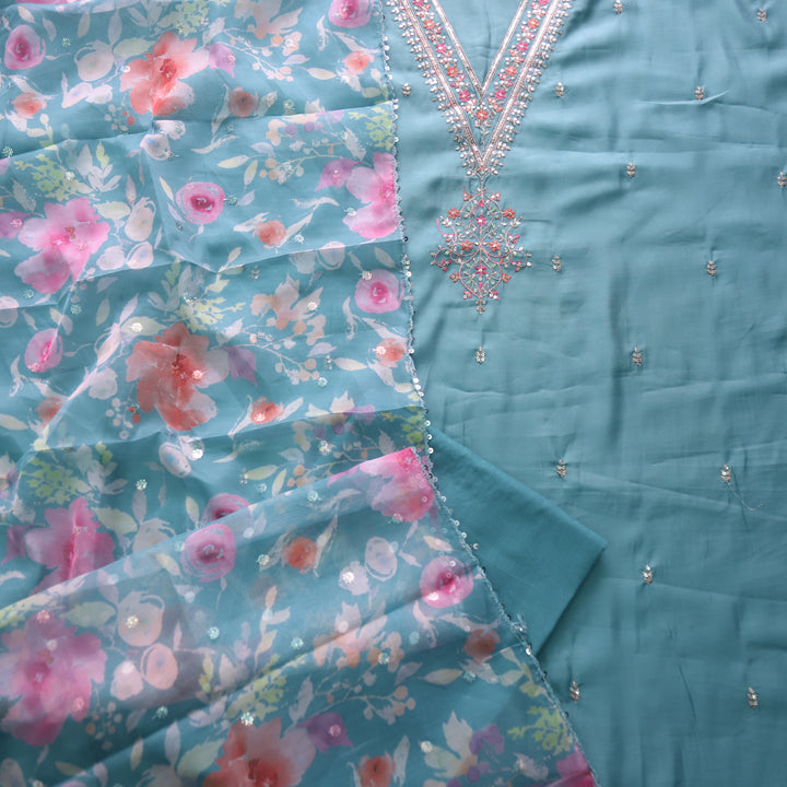 Ishaani Cyan Blue Embellished V Neck Zari Work Modal Suit Set