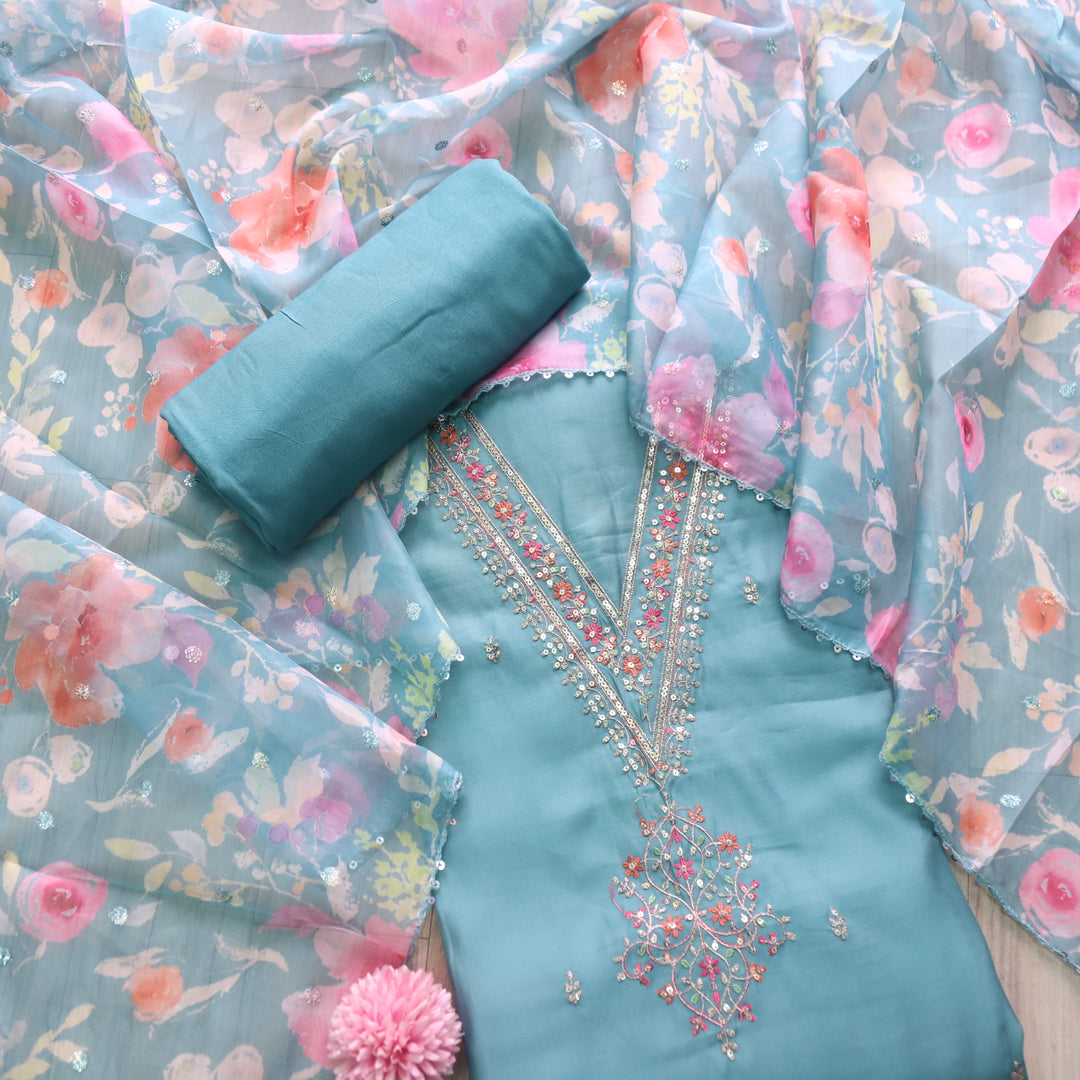 Ishaani Cyan Blue Embellished V Neck Zari Work Modal Suit Set