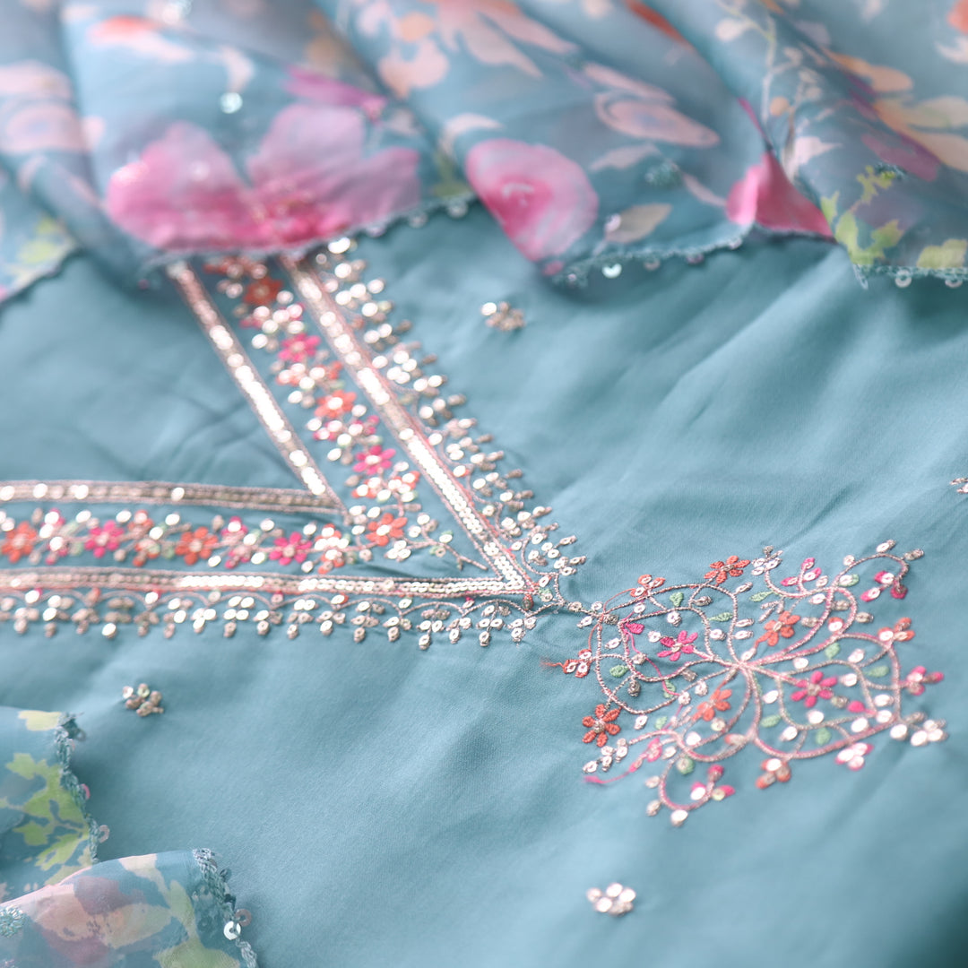 Ishaani Cyan Blue Embellished V Neck Zari Work Modal Suit Set