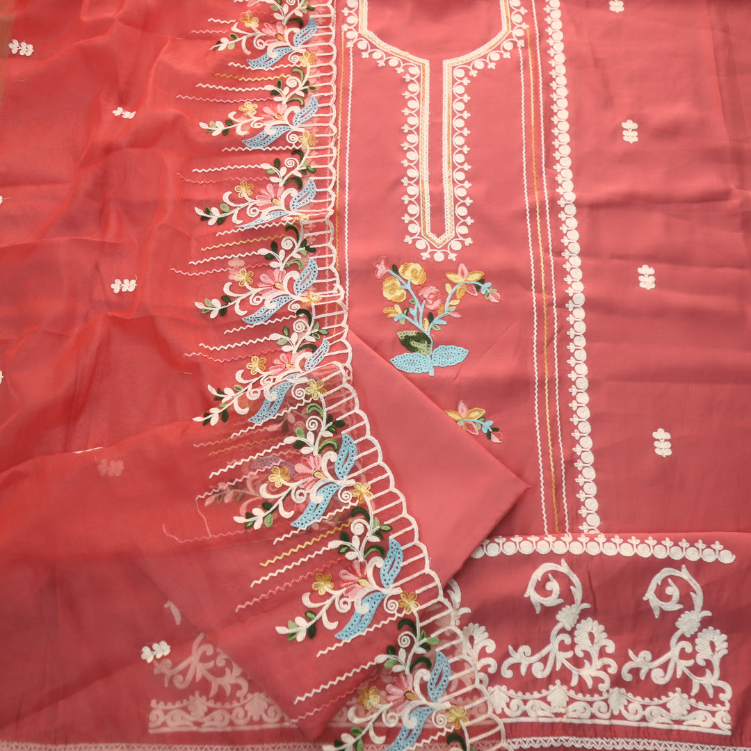 Sundara Coral Peach Floral Aari Work Neck Modal Suit Set