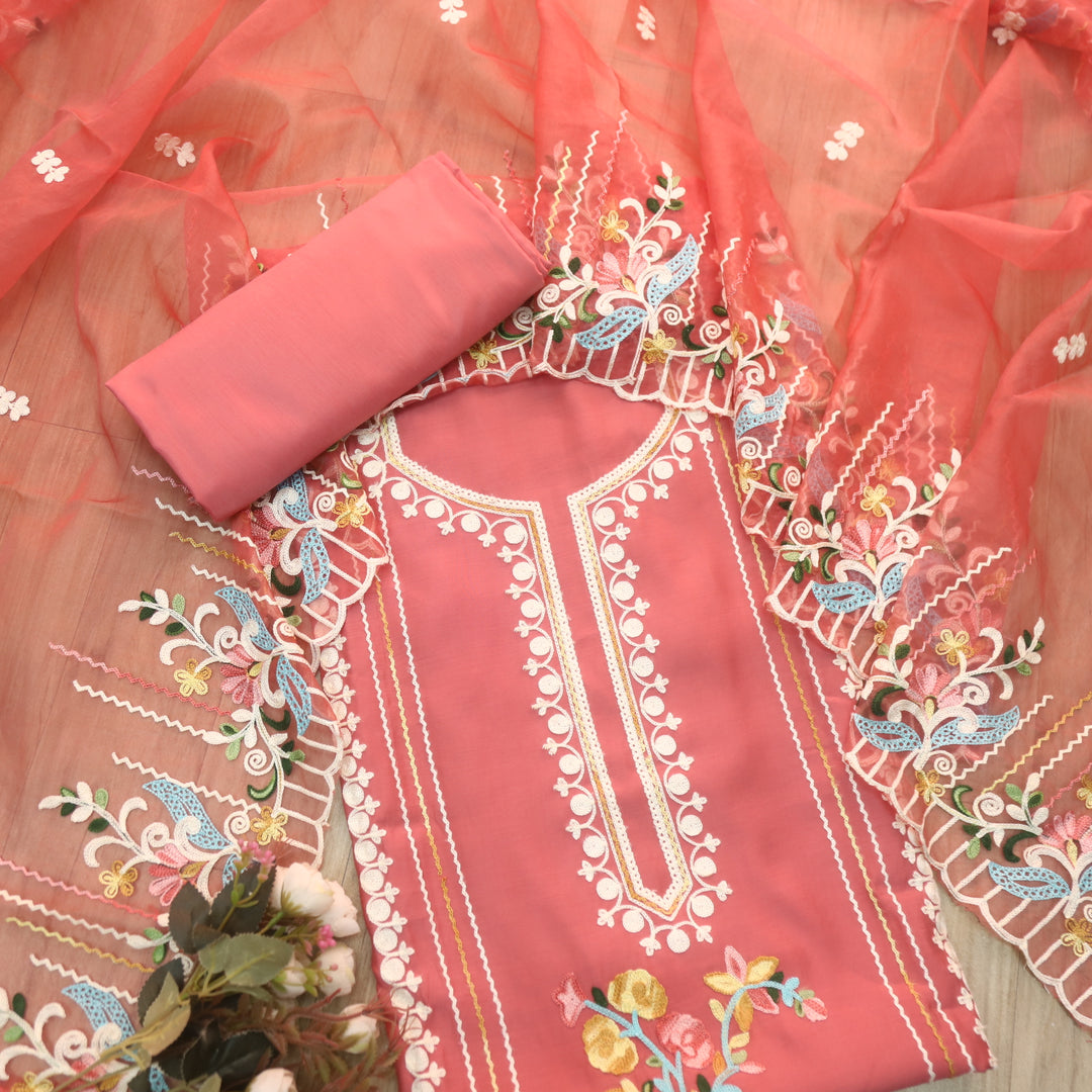 Sundara Coral Peach Floral Aari Work Neck Modal Suit Set
