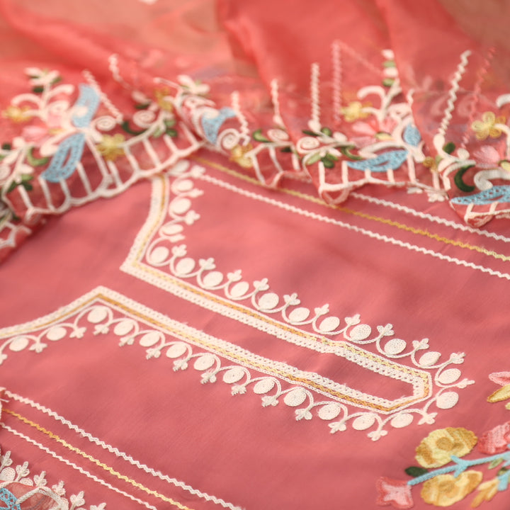 Sundara Coral Peach Floral Aari Work Neck Modal Suit Set