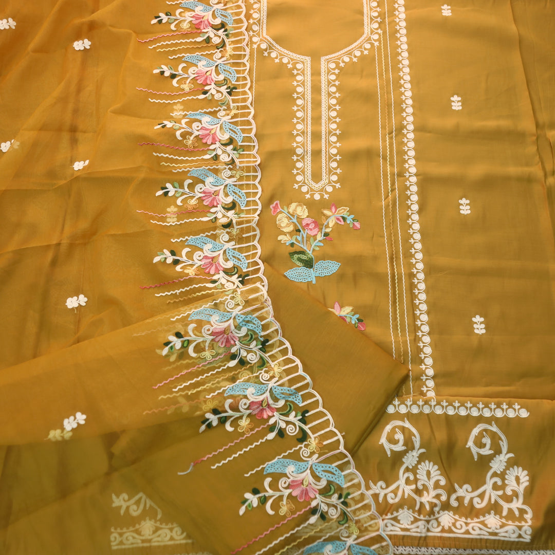 Sundara Dandelion Yellow Floral Aari Work Neck Modal Suit Set