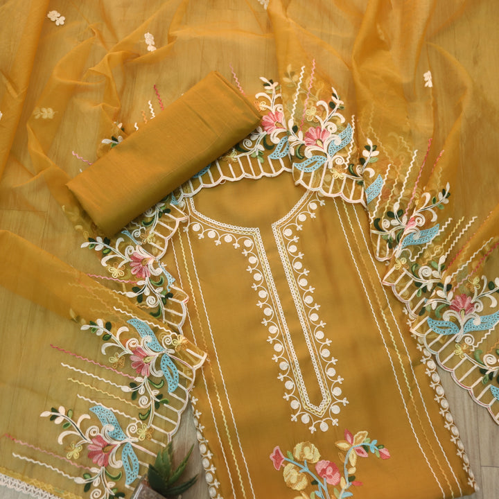 Sundara Dandelion Yellow Floral Aari Work Neck Modal Suit Set