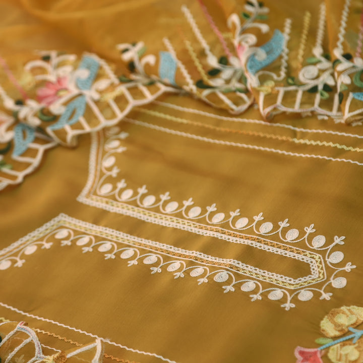 Sundara Dandelion Yellow Floral Aari Work Neck Modal Suit Set