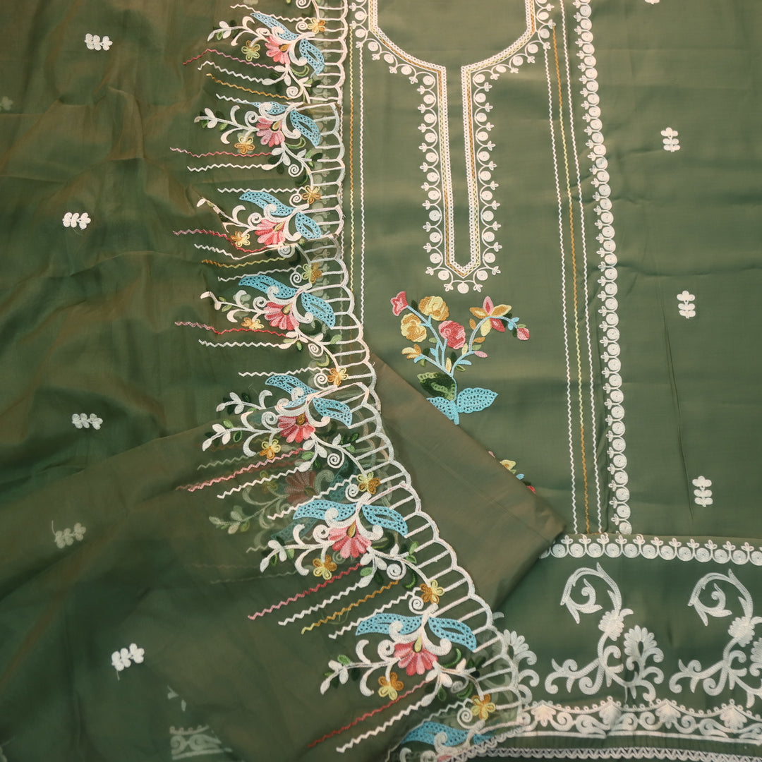 Sundara Mehendi Green Floral Aari Work Neck Modal Suit Set