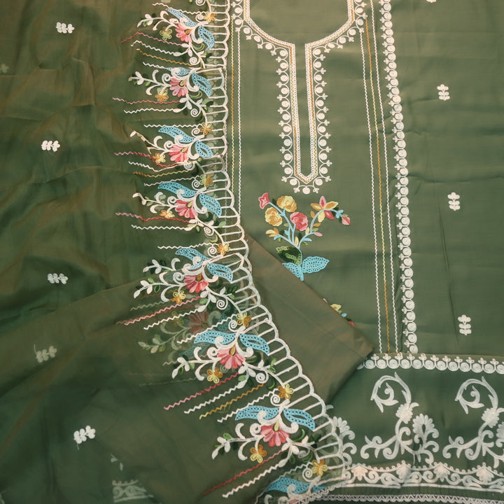 Sundara Mehendi Green Floral Aari Work Neck Modal Suit Set