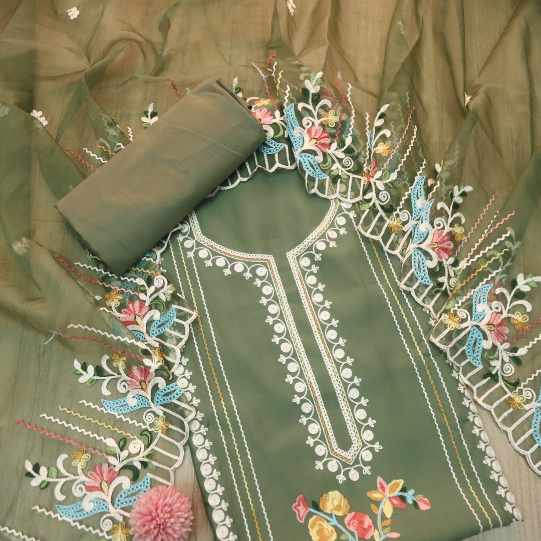 Sundara Mehendi Green Floral Aari Work Neck Modal Suit Set