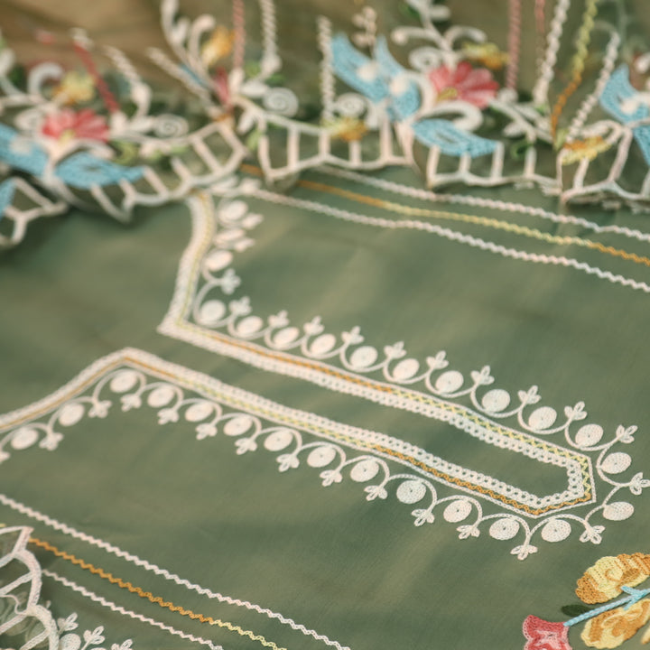 Sundara Mehendi Green Floral Aari Work Neck Modal Suit Set