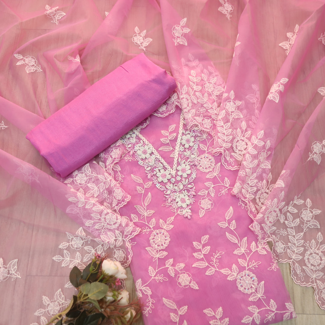 Mannat Baby Pink V Neck Moti Work Thread Weaved Organza Suit Set