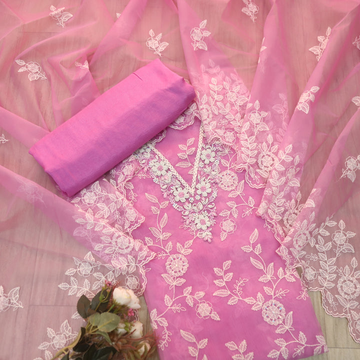 Mannat Baby Pink V Neck Moti Work Thread Weaved Organza Suit Set