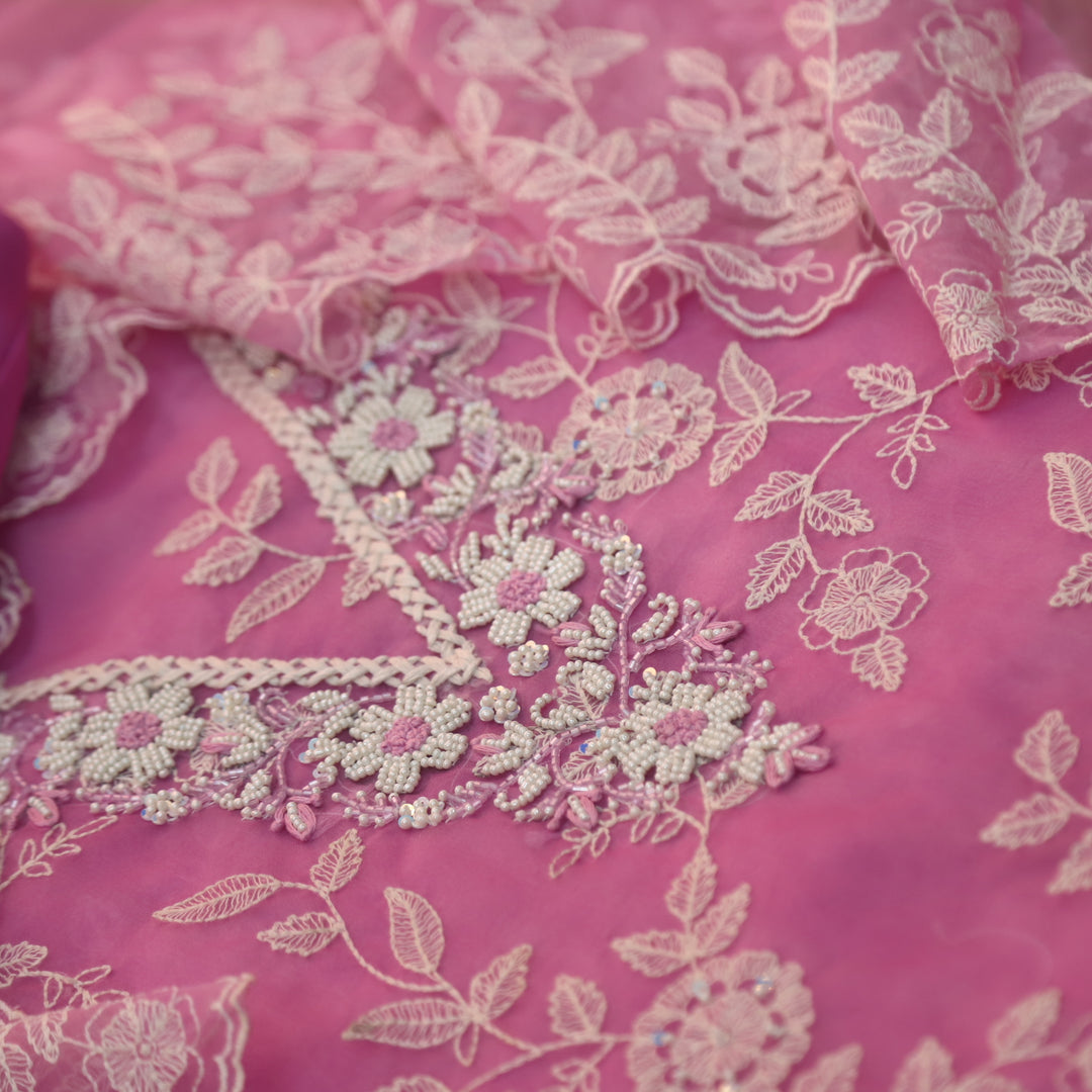 Mannat Baby Pink V Neck Moti Work Thread Weaved Organza Suit Set