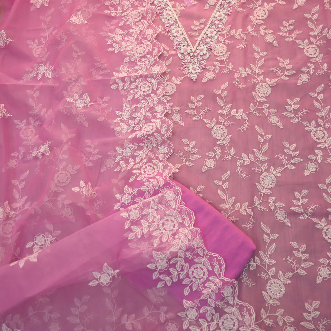 Mannat Baby Pink V Neck Moti Work Thread Weaved Organza Suit Set