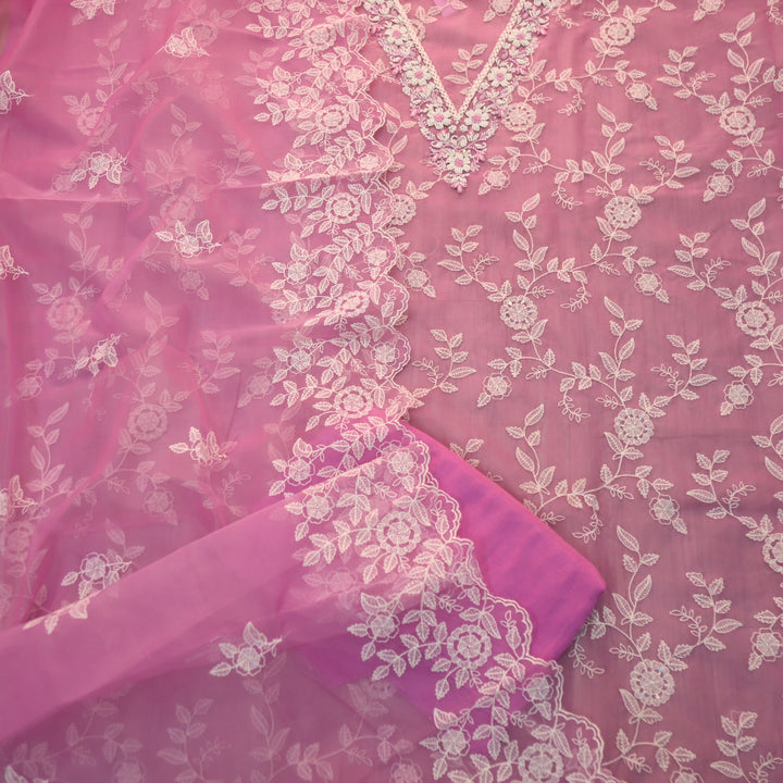 Mannat Baby Pink V Neck Moti Work Thread Weaved Organza Suit Set
