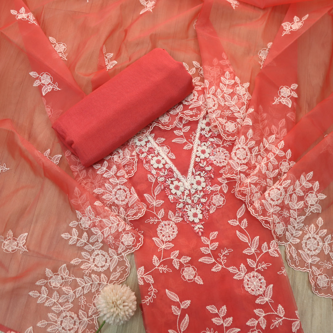 Mannat Blush Coral V Neck Moti Work Thread Weaved Organza Suit Set