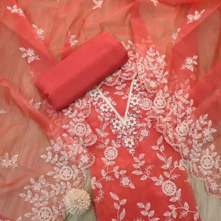 Mannat Blush Coral V Neck Moti Work Thread Weaved Organza Suit Set