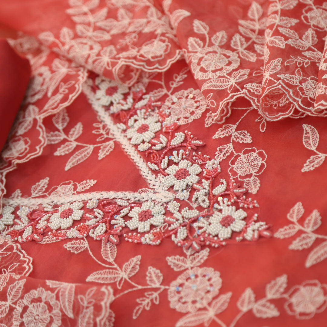 Mannat Blush Coral V Neck Moti Work Thread Weaved Organza Suit Set