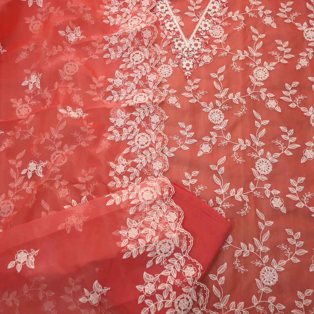 Mannat Blush Coral V Neck Moti Work Thread Weaved Organza Suit Set