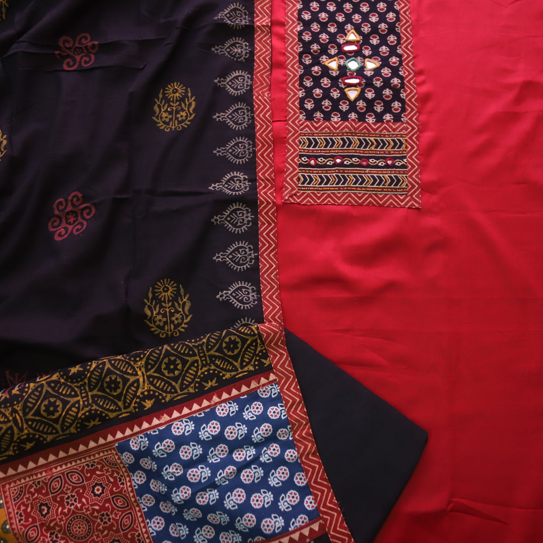 Amisha Bride Red Kutch Fusion Neck Patch Glazed Cotton Suit Set