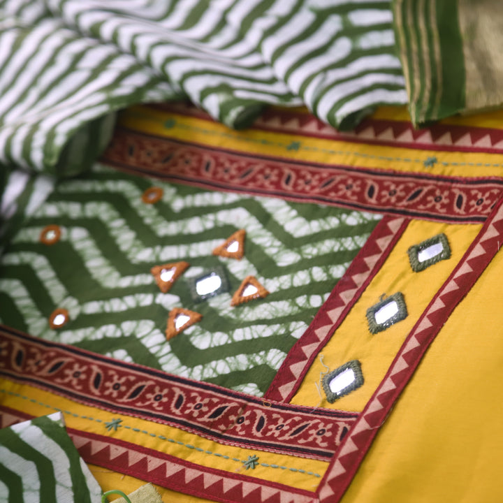 Ahisma Corn Yellow Patch Work Neck With Mirror Jam Cotton Satin Suit Set
