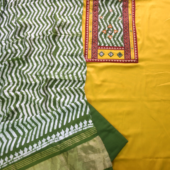 Ahisma Corn Yellow Patch Work Neck With Mirror Jam Cotton Satin Suit Set