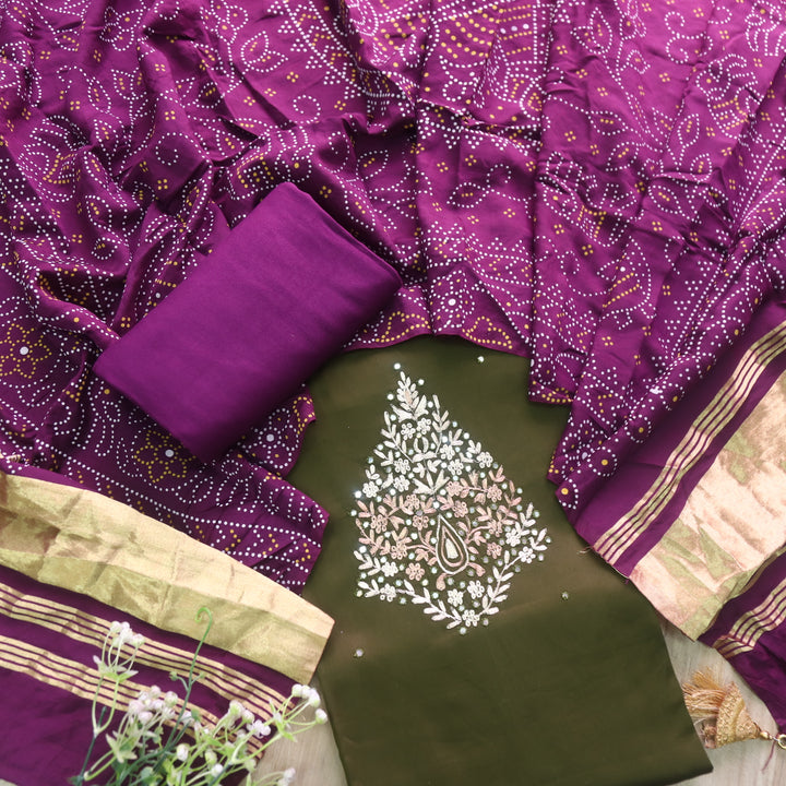 Ahimsa Carnation Green Mirror Neck Work Jam Cotton Suit Set
