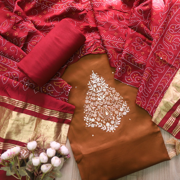 Ahimsa Coffee Brown Mirror Neck Work Jam Cotton Suit Set