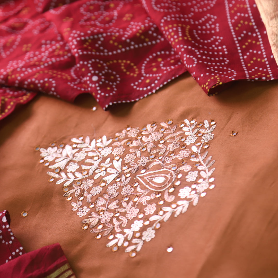 Ahimsa Coffee Brown Mirror Neck Work Jam Cotton Suit Set