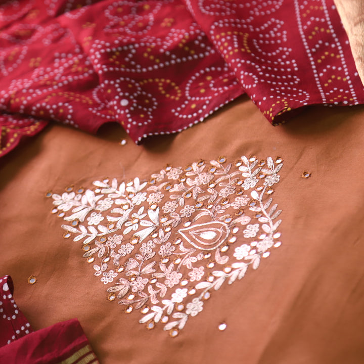 Ahimsa Coffee Brown Mirror Neck Work Jam Cotton Suit Set