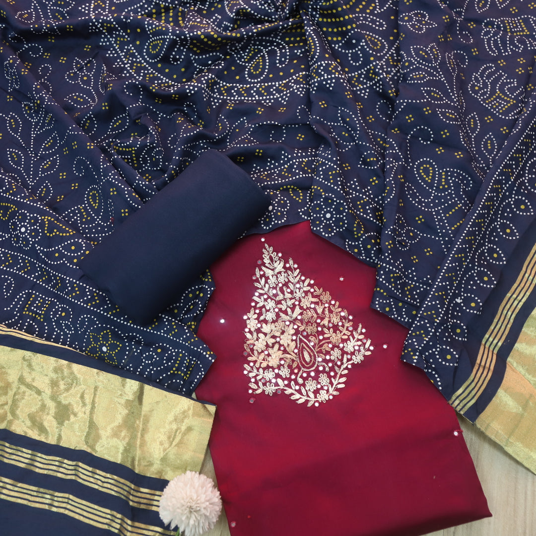 Ahimsa Beetroot Red Mirror Neck Work Jam Cotton Suit Set