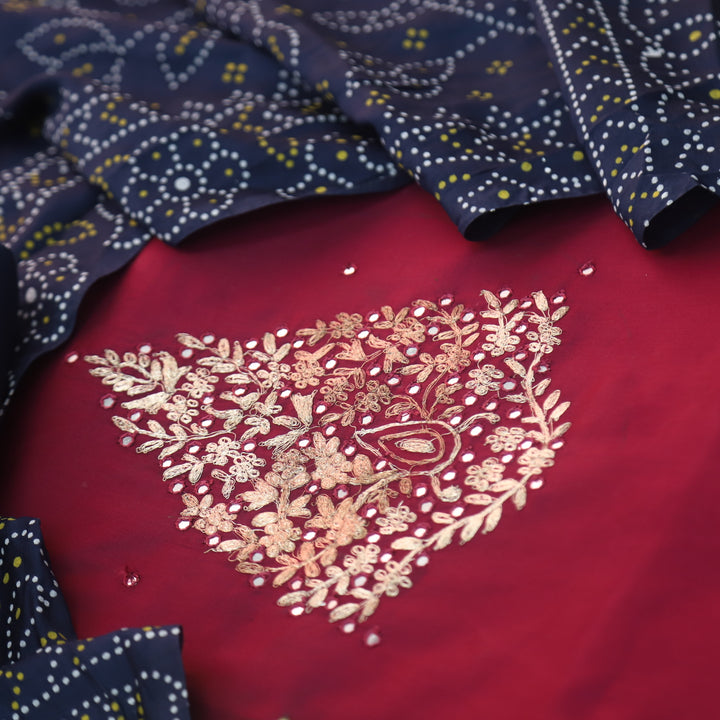 Ahimsa Beetroot Red Mirror Neck Work Jam Cotton Suit Set