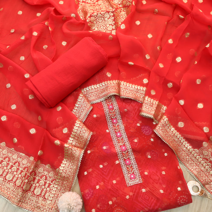 Inaayat Crimson Red Embellish Neck Brocade Work Organza Suit Set