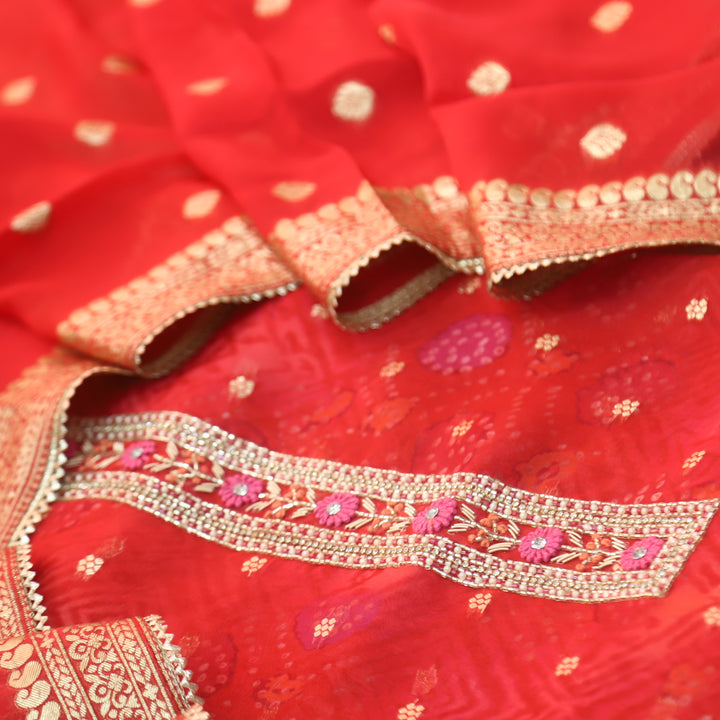 Inaayat Crimson Red Embellish Neck Brocade Work Organza Suit Set