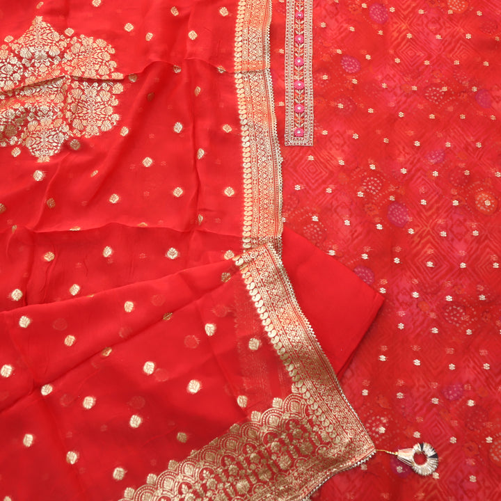 Inaayat Crimson Red Embellish Neck Brocade Work Organza Suit Set