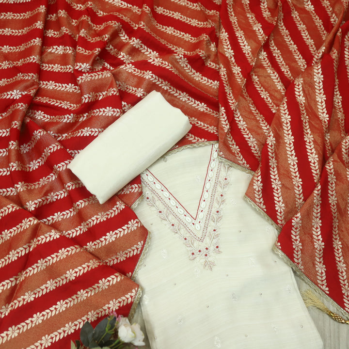 Heeriye Daisy White Thread Weaving Embellished V Neck Silk Suit Set