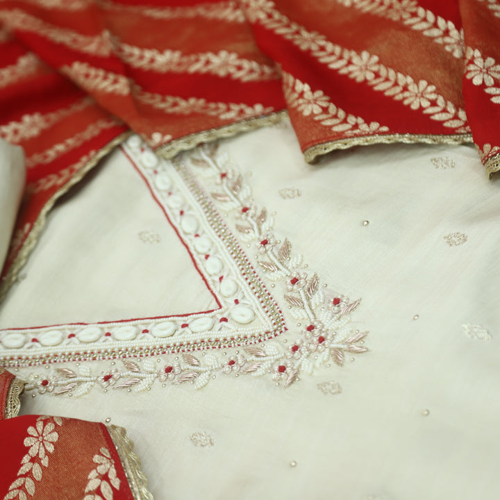 Heeriye Daisy White Thread Weaving Embellished V Neck Silk Suit Set