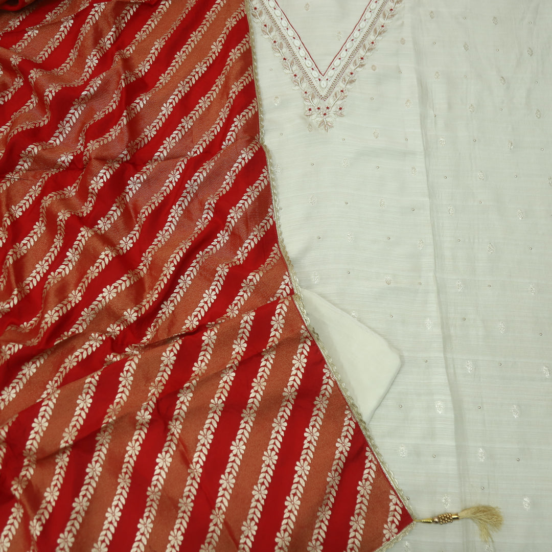 Heeriye Daisy White Thread Weaving Embellished V Neck Silk Suit Set