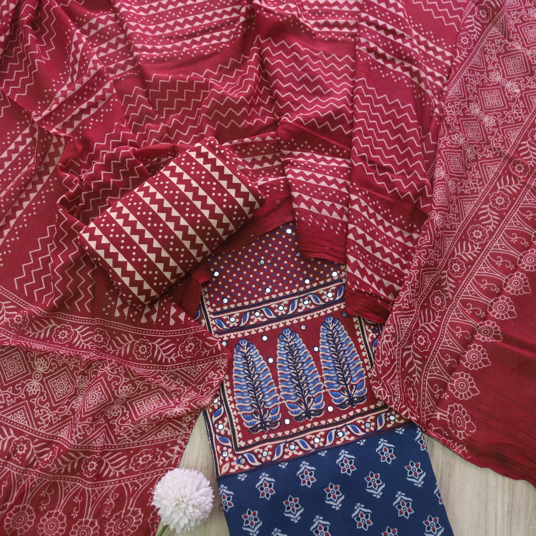 Sanak Denim Blue Mirror Work Neck Ajrak Printed Cotton Suit Set D1