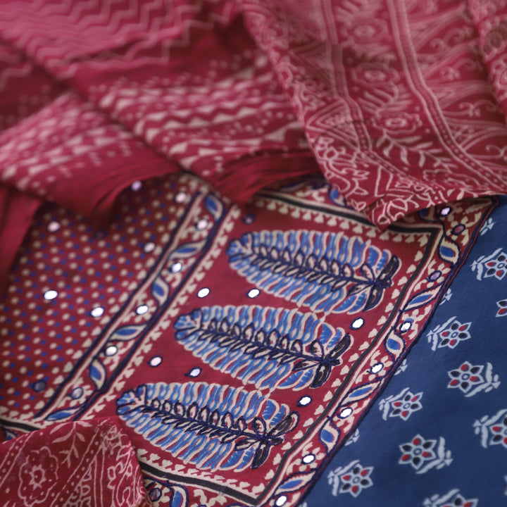 Sanak Denim Blue Mirror Work Neck Ajrak Printed Cotton Suit Set D1