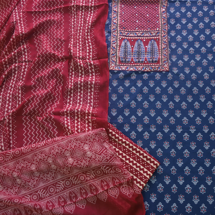 Sanak Denim Blue Mirror Work Neck Ajrak Printed Cotton Suit Set D1