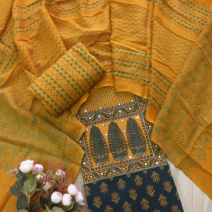 Sanak Forest Green Mirror Work Neck Ajrak Printed Cotton Suit Set D1