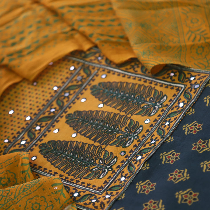 Sanak Forest Green Mirror Work Neck Ajrak Printed Cotton Suit Set D1