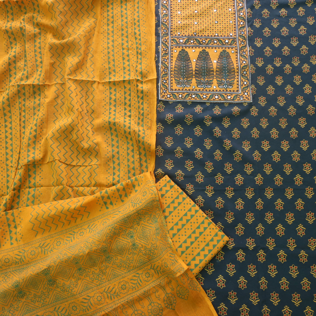 Sanak Forest Green Mirror Work Neck Ajrak Printed Cotton Suit Set D1